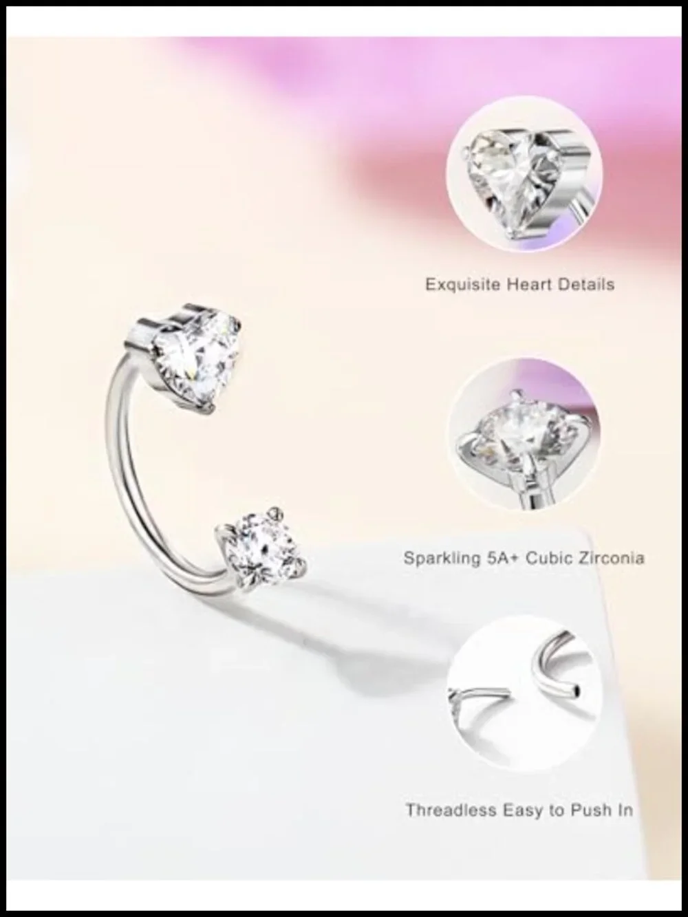 20G Heart Horseshoe Nose Ring 316L Surgical Steel Threadless Push Pin Piercing